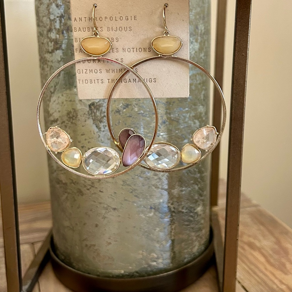 Anthropologie Gold and Purple Stone Hoop Earrings 🆕